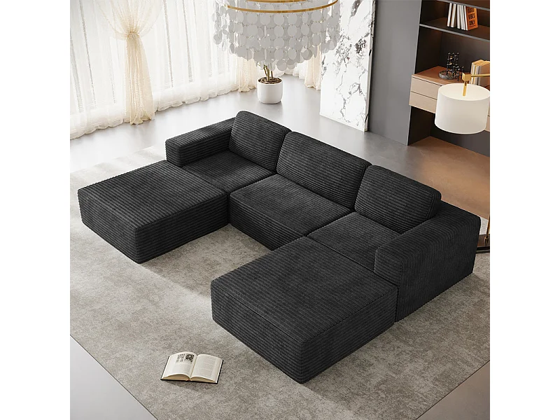 Divano Angolare Modulare 3 posti in Velluto Costola, con 2 pouf e 3 cuscini, 303x202x82cm, Nero
