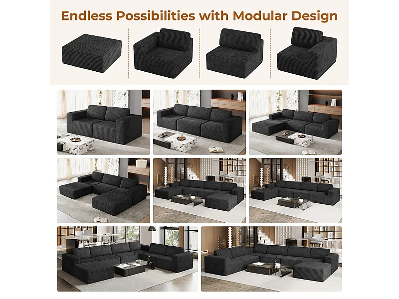 Divano Angolare Modulare 3 posti in Velluto Costola, con 2 pouf e 3 cuscini, 303x202x82cm, Nero