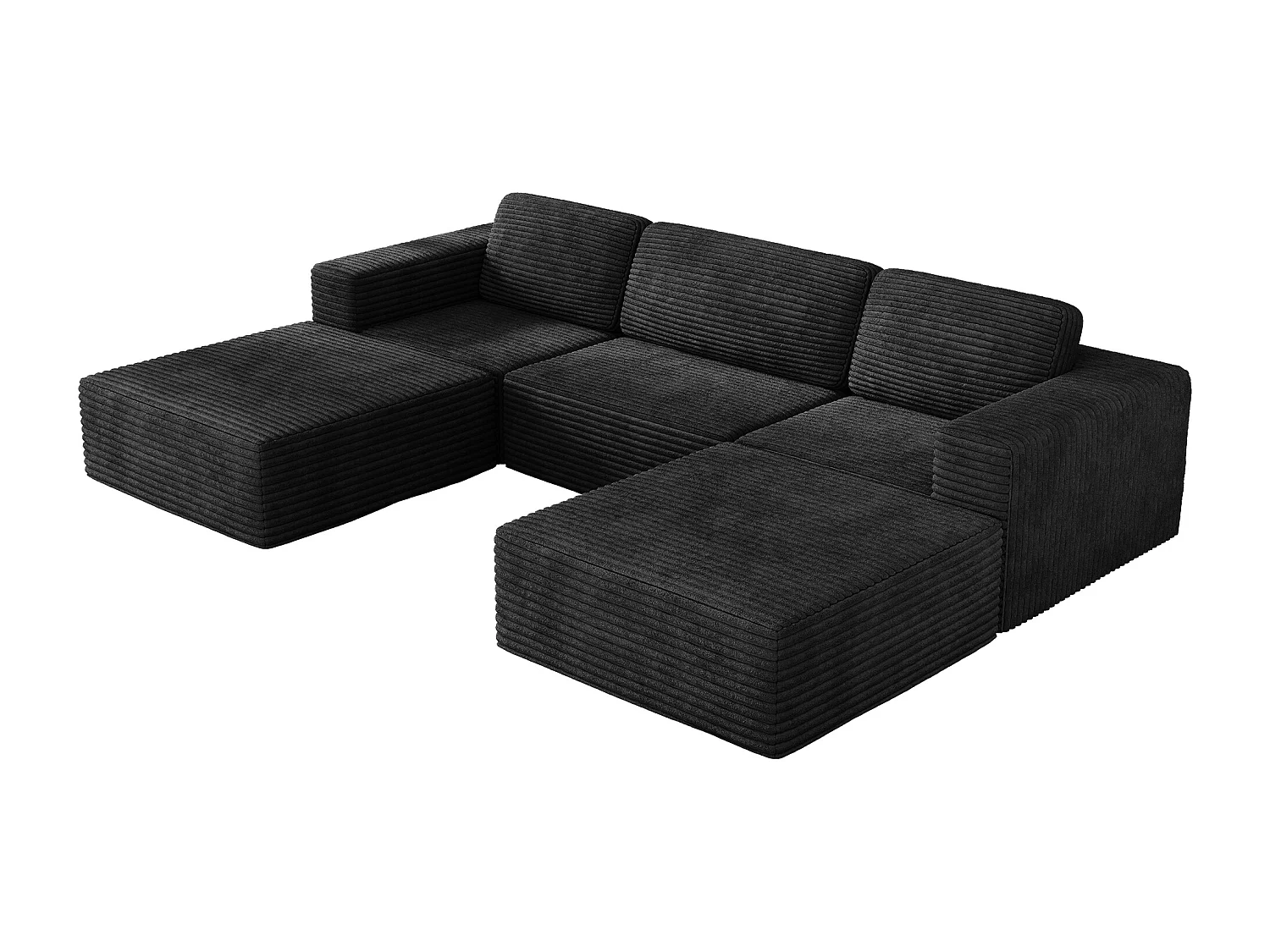 Divano Angolare Modulare 3 posti in Velluto Costola, con 2 pouf e 3 cuscini, 303x202x82cm, Nero