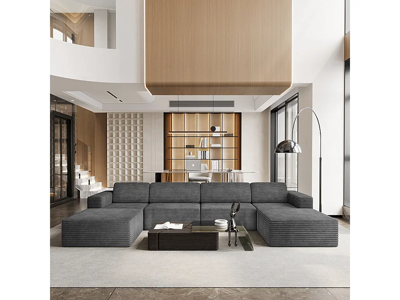 Grand canapé d'angle modulable en Velours Côtelé, 4 places et 2 pouf, 404x202x82cm, Gris