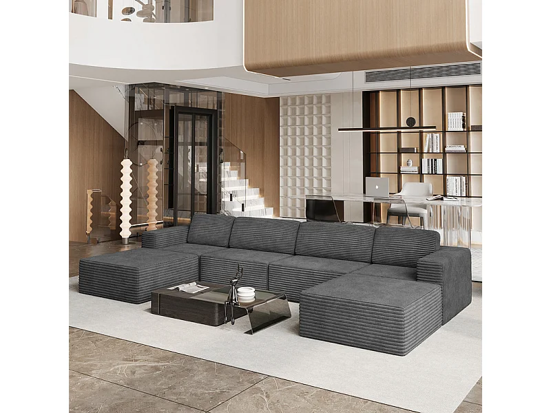Grand canapé d'angle modulable en Velours Côtelé, 4 places et 2 pouf, 404x202x82cm, Gris