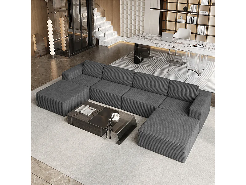 Grand canapé d'angle modulable en Velours Côtelé, 4 places et 2 pouf, 404x202x82cm, Gris