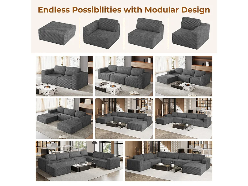 Grand canapé d'angle modulable en Velours Côtelé, 4 places et 2 pouf, 404x202x82cm, Gris