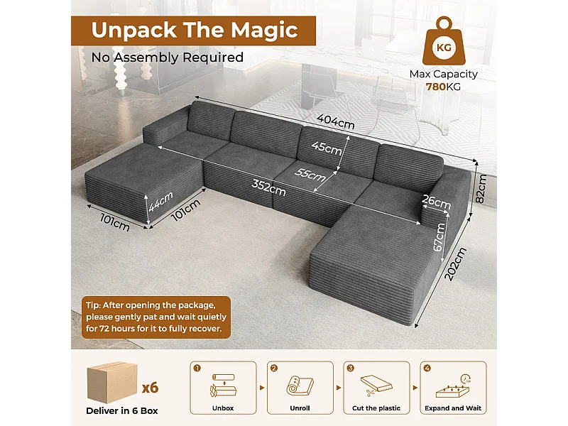 Grand canapé d'angle modulable en Velours Côtelé, 4 places et 2 pouf, 404x202x82cm, Gris
