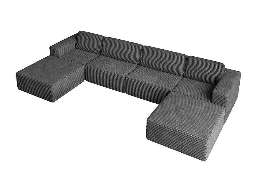 Grand canapé d'angle modulable en Velours Côtelé, 4 places et 2 pouf, 404x202x82cm, Gris