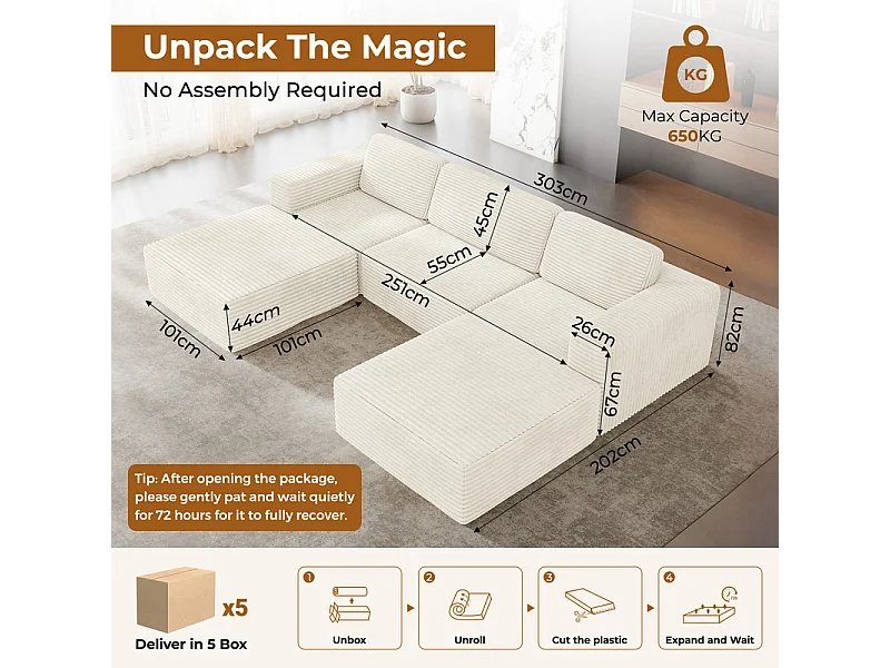 Canapé 3 places d'angle modulable en Velours Côtelé, avec 2 pouf et 3 coussins, 303x202x82cm, Beige