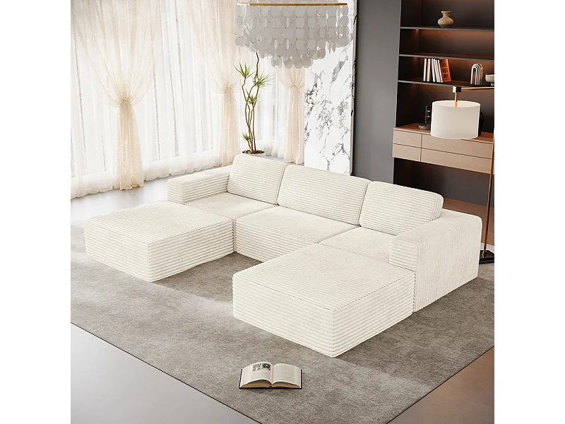 Canapé 3 places d'angle modulable en Velours Côtelé, avec 2 pouf et 3 coussins, 303x202x82cm, Beige