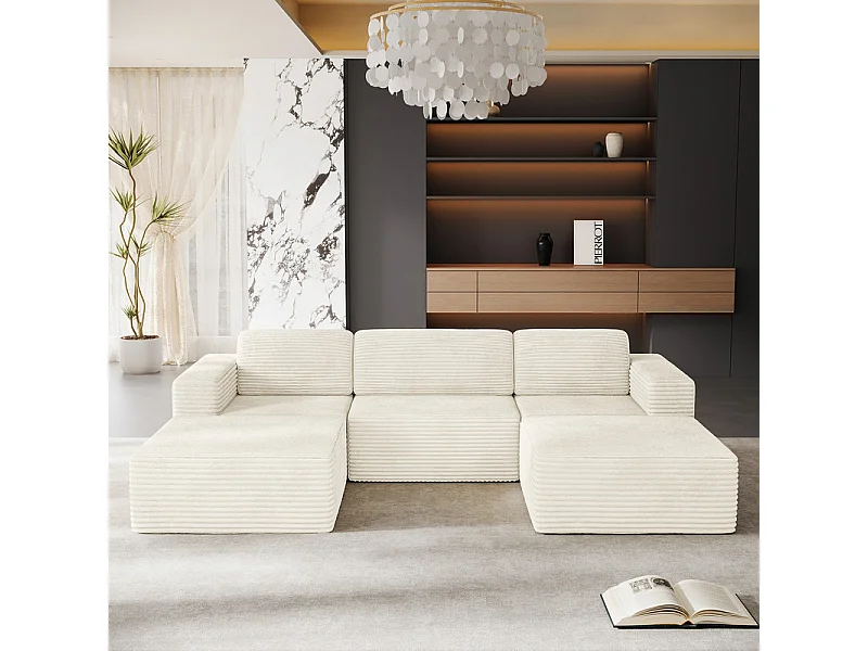 Canapé 3 places d'angle modulable en Velours Côtelé, avec 2 pouf et 3 coussins, 303x202x82cm, Beige