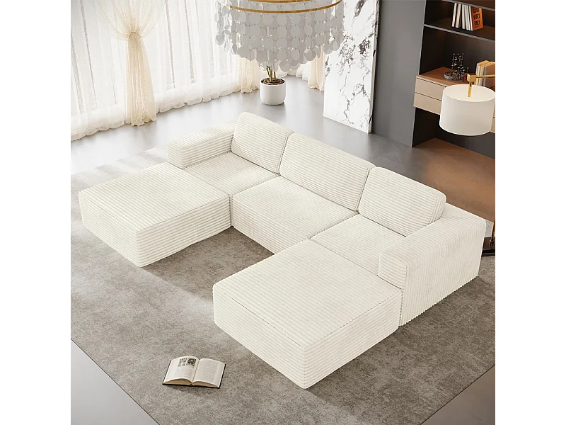 Canapé 3 places d'angle modulable en Velours Côtelé, avec 2 pouf et 3 coussins, 303x202x82cm, Beige