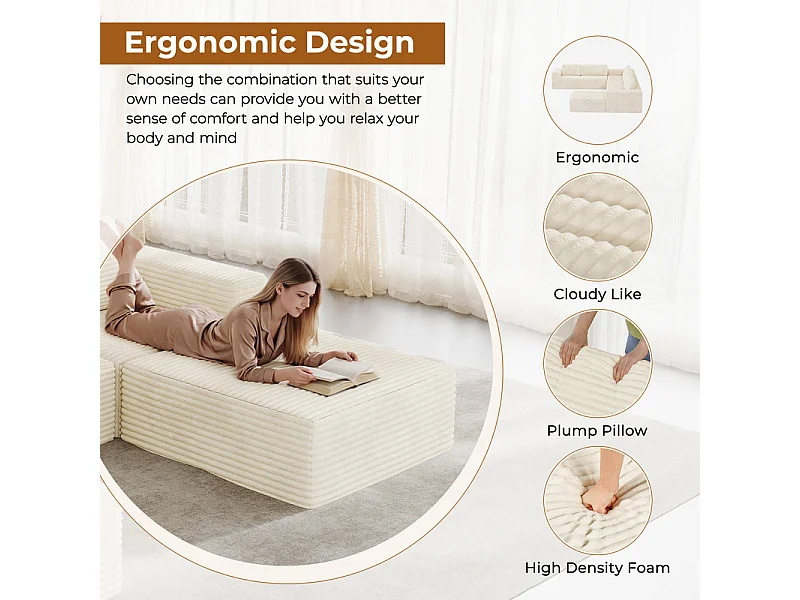 Canapé 3 places d'angle modulable en Velours Côtelé, avec 2 pouf et 3 coussins, 303x202x82cm, Beige
