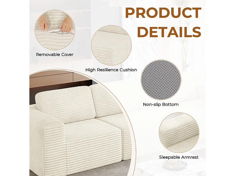 Canapé 3 places d'angle modulable en Velours Côtelé, avec 2 pouf et 3 coussins, 303x202x82cm, Beige