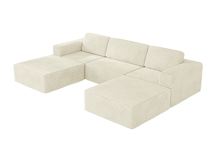 Canapé 3 places d'angle modulable en Velours Côtelé, avec 2 pouf et 3 coussins, 303x202x82cm, Beige