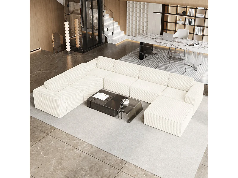 Grand canapé d'angle gauche modulable panoramique en Velours Côtelé, avec pouf, 404x303x82cm, Beige