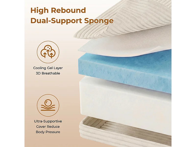 Grand canapé d'angle gauche modulable panoramique en Velours Côtelé, avec pouf, 404x303x82cm, Beige