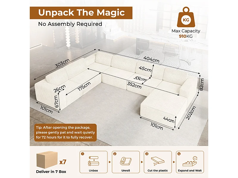 Grand canapé d'angle gauche modulable panoramique en Velours Côtelé, avec pouf, 404x303x82cm, Beige