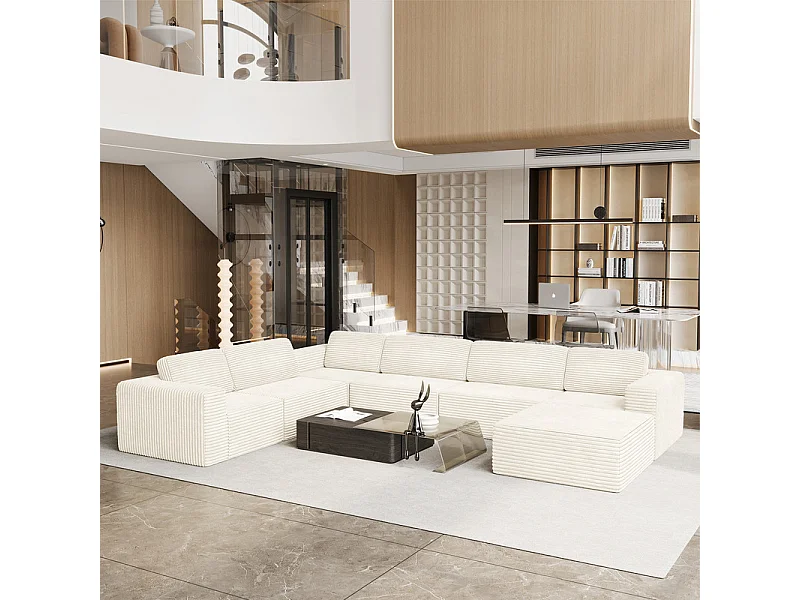 Grand canapé d'angle gauche modulable panoramique en Velours Côtelé, avec pouf, 404x303x82cm, Beige