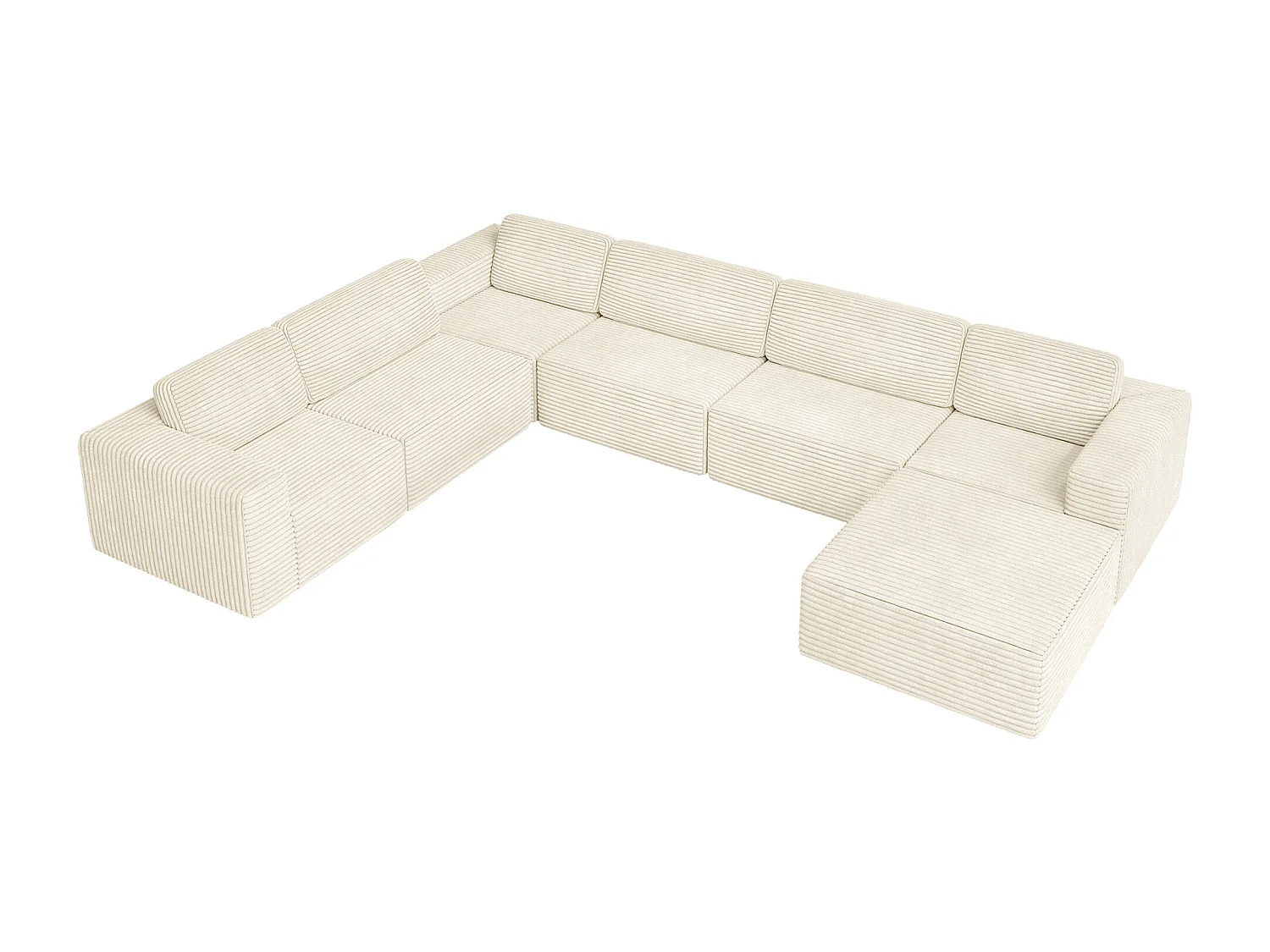 Grand canapé d'angle gauche modulable panoramique en Velours Côtelé, avec pouf, 404x303x82cm, Beige