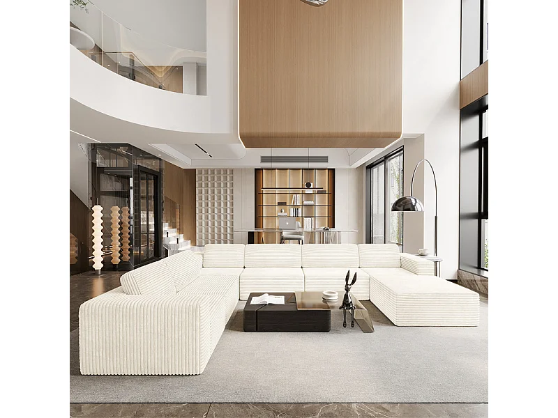 Grand canapé d'angle gauche modulable panoramique en Velours Côtelé, avec pouf, 404x303x82cm, Beige