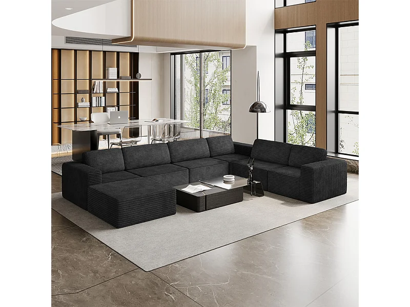 Grand canapé d'angle droit modulable panoramique en Velours Côtelé, avec pouf, 404x303x82cm, Noir