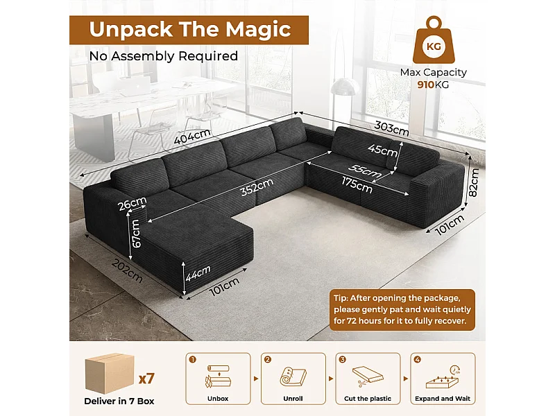 Grand canapé d'angle droit modulable panoramique en Velours Côtelé, avec pouf, 404x303x82cm, Noir