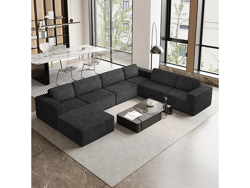 Grand canapé d'angle droit modulable panoramique en Velours Côtelé, avec pouf, 404x303x82cm, Noir
