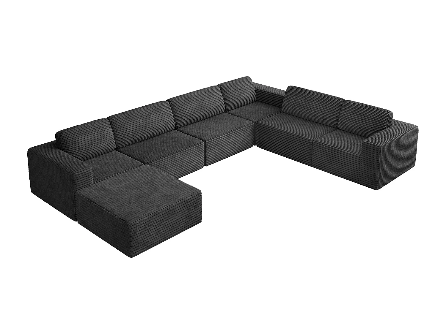 Grand canapé d'angle droit modulable panoramique en Velours Côtelé, avec pouf, 404x303x82cm, Noir