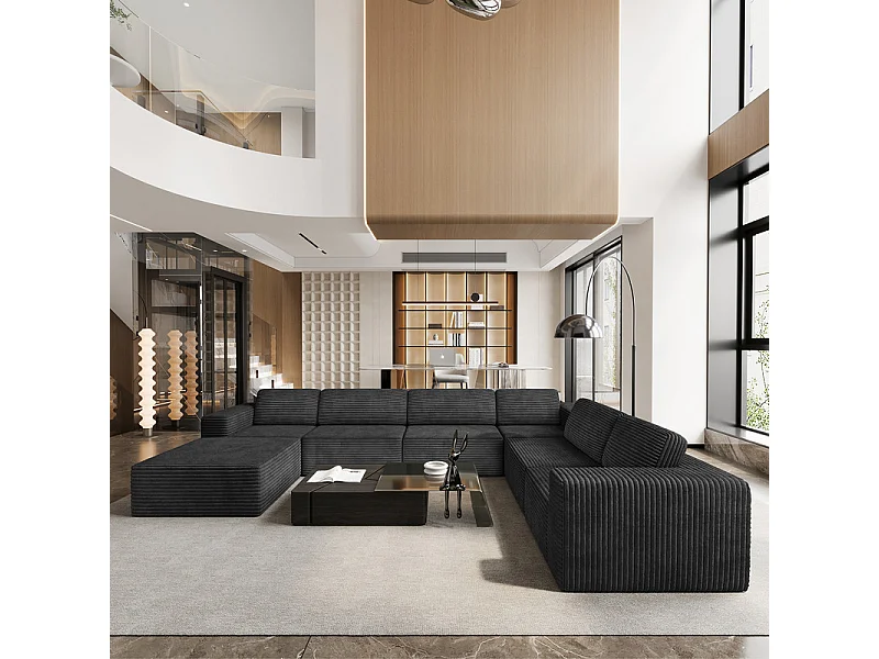 Grand canapé d'angle droit modulable panoramique en Velours Côtelé, avec pouf, 404x303x82cm, Noir