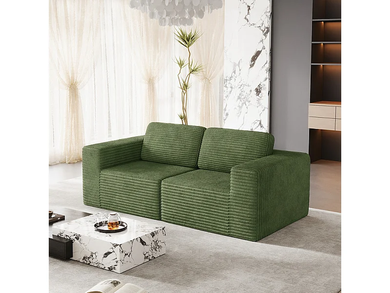 Canapé 2 places modulable en Velours Côtelé, avec 2 coussins, 202x101x82cm, Vert