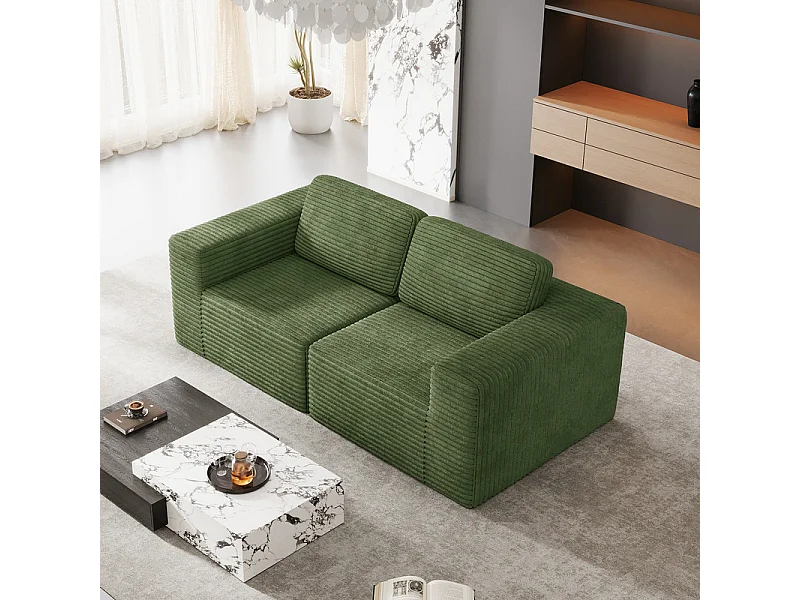 Canapé 2 places modulable en Velours Côtelé, avec 2 coussins, 202x101x82cm, Vert