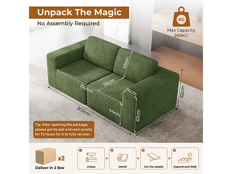 Canapé 2 places modulable en Velours Côtelé, avec 2 coussins, 202x101x82cm, Vert