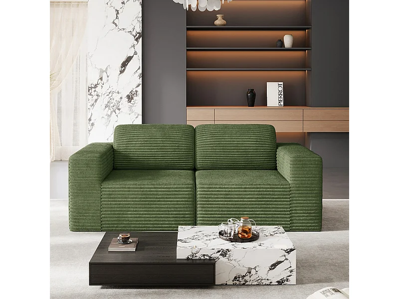 Canapé 2 places modulable en Velours Côtelé, avec 2 coussins, 202x101x82cm, Vert