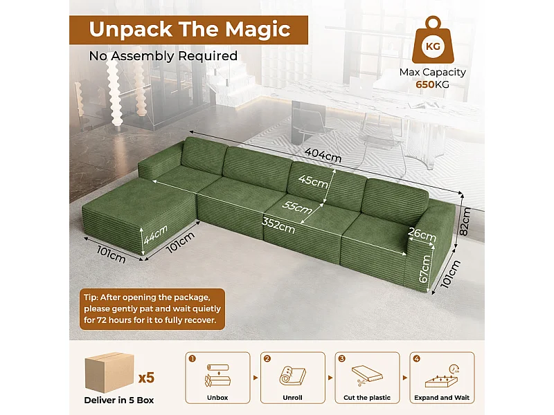 Grand Canapé 4 places modulable en Velours Côtelé, avec pouf et 4 coussins, 404x202x82cm, Vert