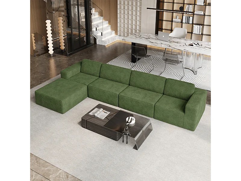 Grand Canapé 4 places modulable en Velours Côtelé, avec pouf et 4 coussins, 404x202x82cm, Vert