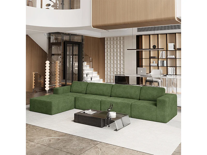 Grand Canapé 4 places modulable en Velours Côtelé, avec pouf et 4 coussins, 404x202x82cm, Vert