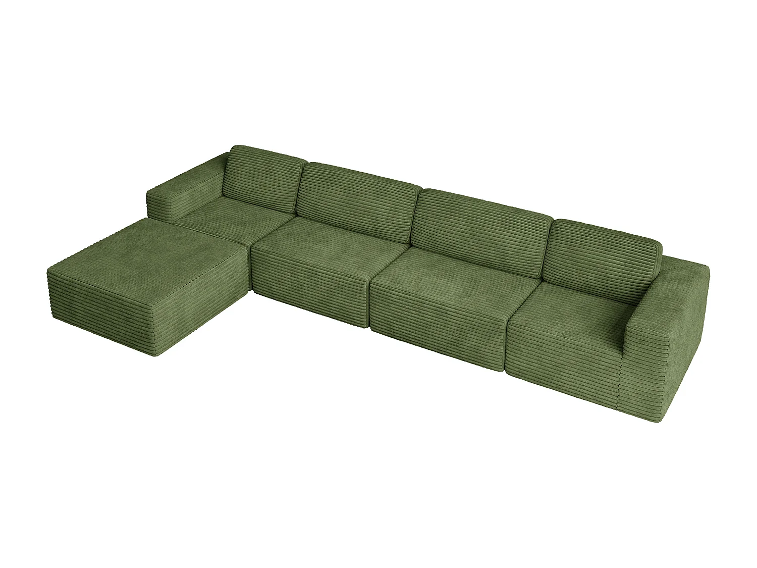 Grand Canapé 4 places modulable en Velours Côtelé, avec pouf et 4 coussins, 404x202x82cm, Vert