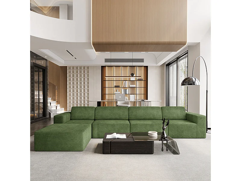 Grande Divano Modulare 4 posti in Velluto Costola, con pouf e 4 cuscini, 404x202x82cm, Verde