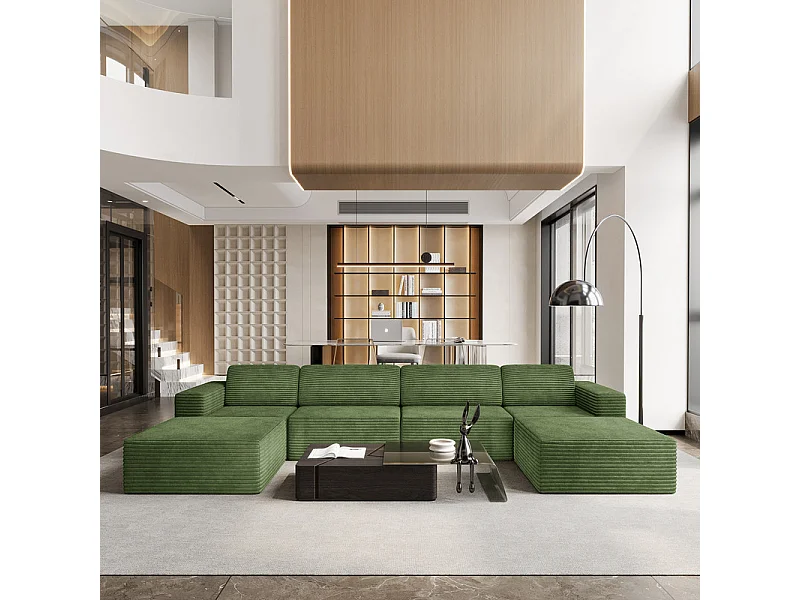Grand canapé d'angle modulable en Velours Côtelé, 4 places et 2 pouf, 404x202x82cm, Vert