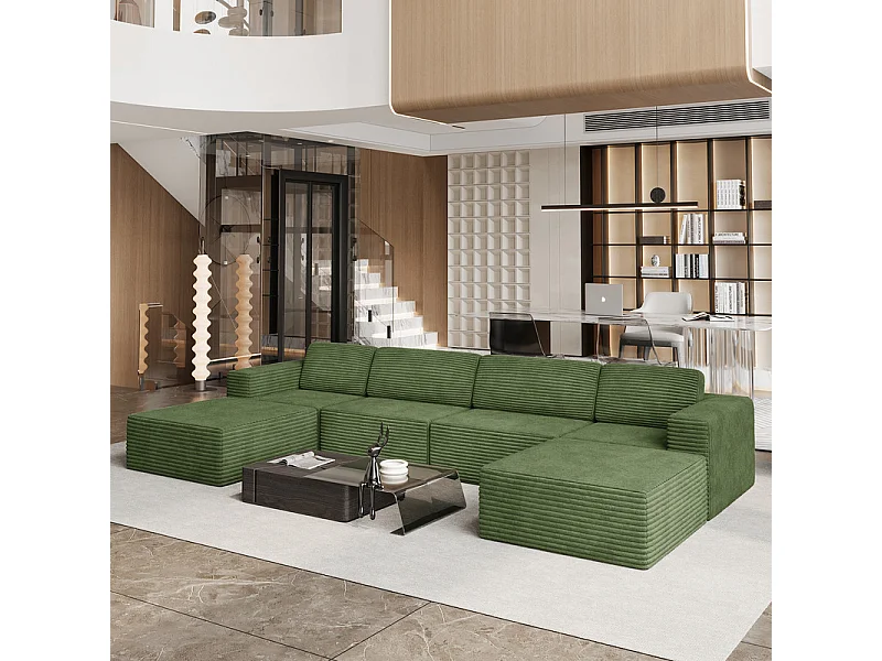 Grand canapé d'angle modulable en Velours Côtelé, 4 places et 2 pouf, 404x202x82cm, Vert