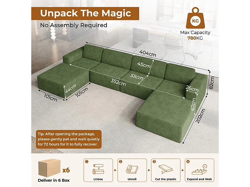 Grand canapé d'angle modulable en Velours Côtelé, 4 places et 2 pouf, 404x202x82cm, Vert
