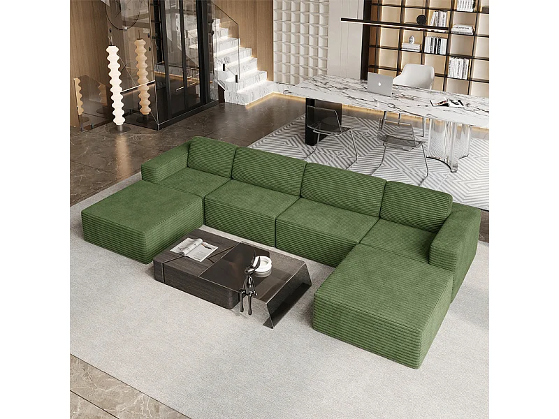 Grand canapé d'angle modulable en Velours Côtelé, 4 places et 2 pouf, 404x202x82cm, Vert
