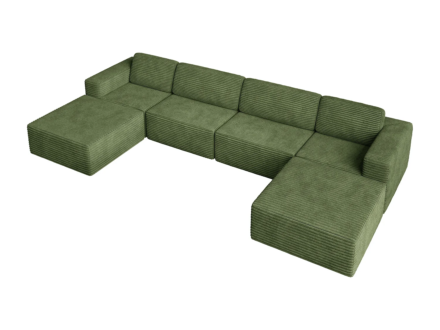 Grand canapé d'angle modulable en Velours Côtelé, 4 places et 2 pouf, 404x202x82cm, Vert