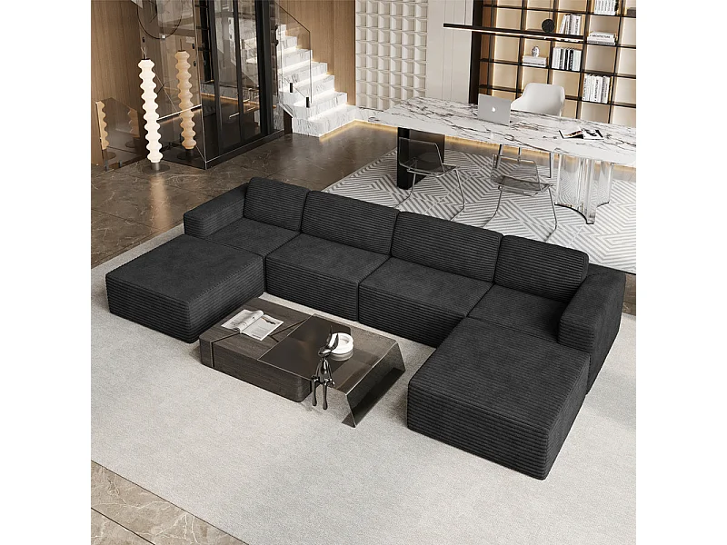 Grand canapé d'angle modulable en Velours Côtelé, 4 places et 2 pouf, 404x202x82cm, Noir