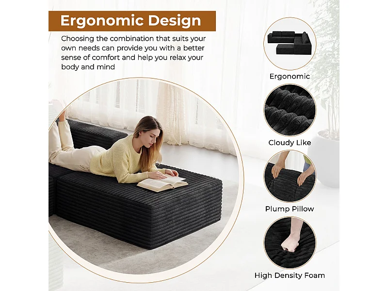 Grand canapé d'angle modulable en Velours Côtelé, 4 places et 2 pouf, 404x202x82cm, Noir