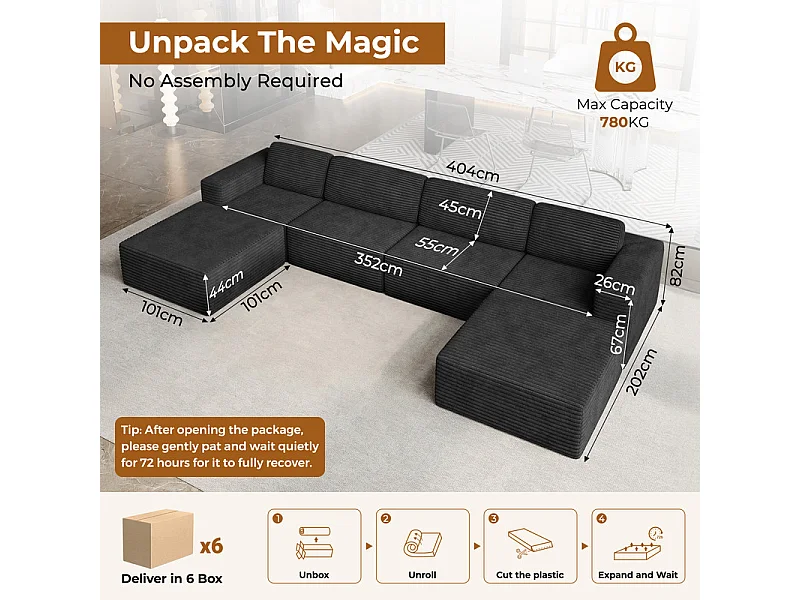 Grand canapé d'angle modulable en Velours Côtelé, 4 places et 2 pouf, 404x202x82cm, Noir