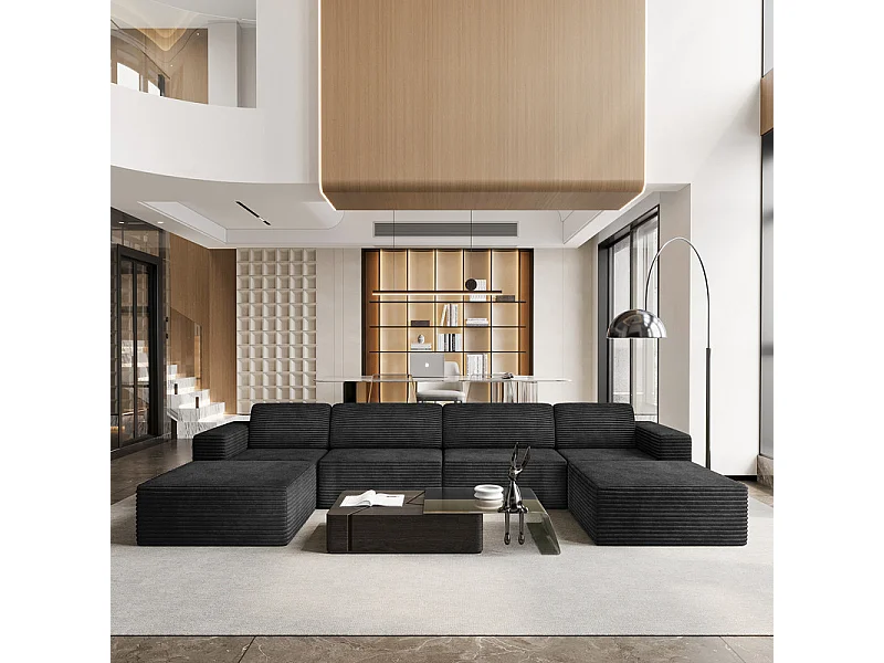 Stor modulær hjørnesofa i ribfløjl, 4 personer og 2 pouf, 404x202x82cm, Sort