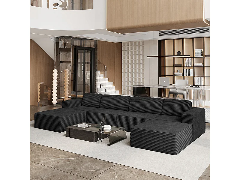 Stor modulær hjørnesofa i ribfløjl, 4 personer og 2 pouf, 404x202x82cm, Sort