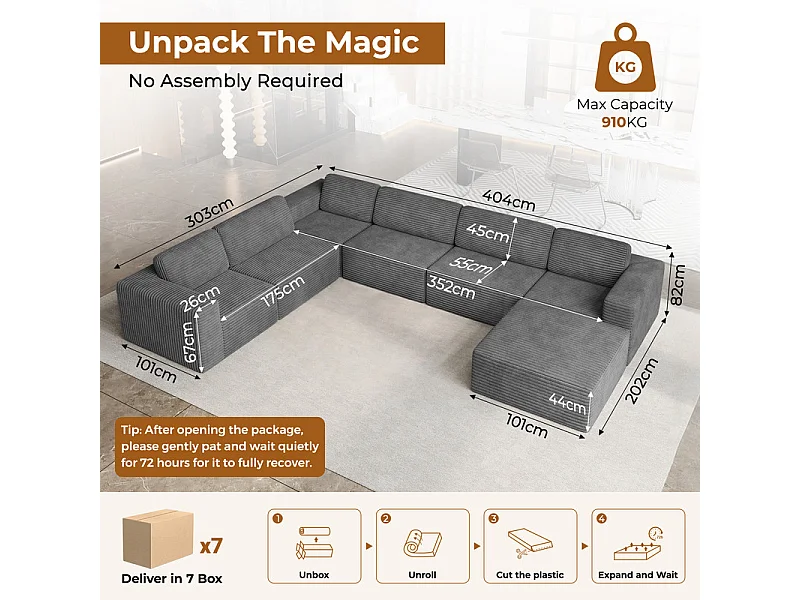 Grand canapé d'angle gauche modulable panoramique en Velours Côtelé, avec pouf, 404x303x82cm, Gris