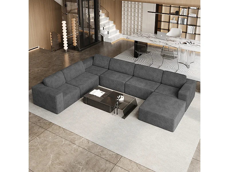 Grand canapé d'angle gauche modulable panoramique en Velours Côtelé, avec pouf, 404x303x82cm, Gris