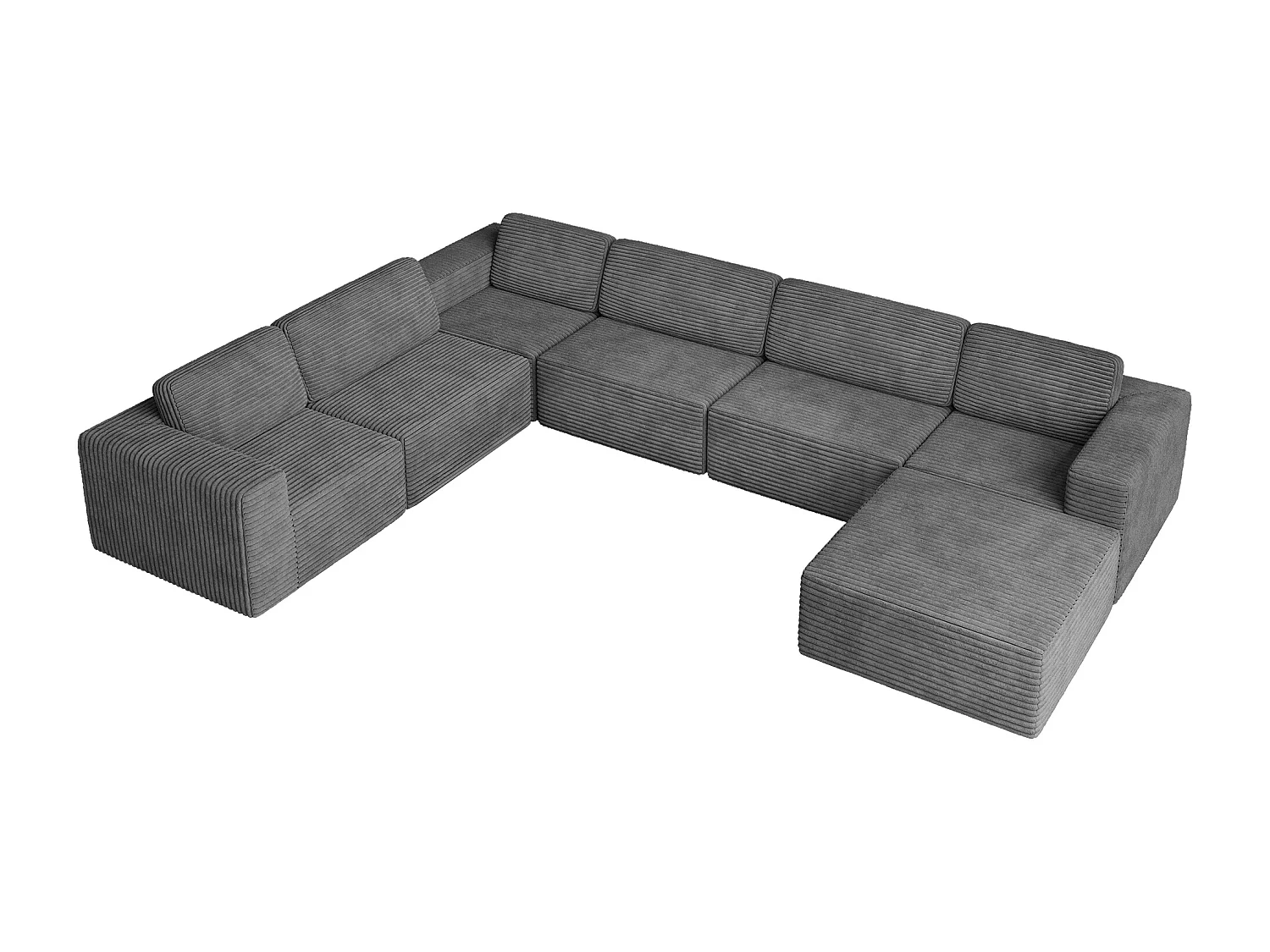 Grand canapé d'angle gauche modulable panoramique en Velours Côtelé, avec pouf, 404x303x82cm, Gris
