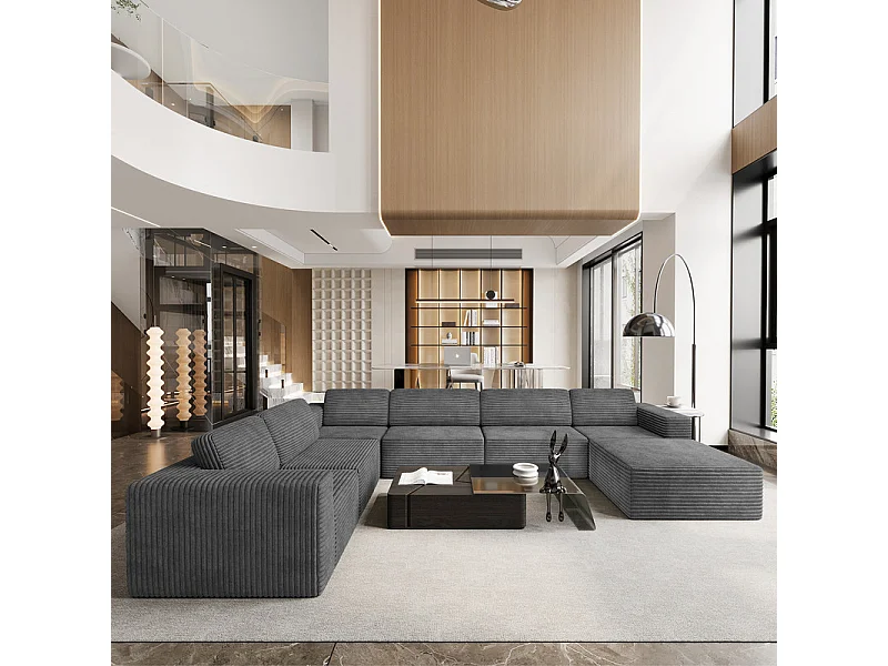 Grand canapé d'angle gauche modulable panoramique en Velours Côtelé, avec pouf, 404x303x82cm, Gris